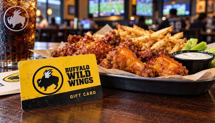 How to Get the Most Value From a Buffalo Wild Wings Giftcard - Startupeditor | Startup Editor Yellow Buffalo Wild Wings Giftcard beside a tray of chicken wings, fries, celery and dipping sauce.