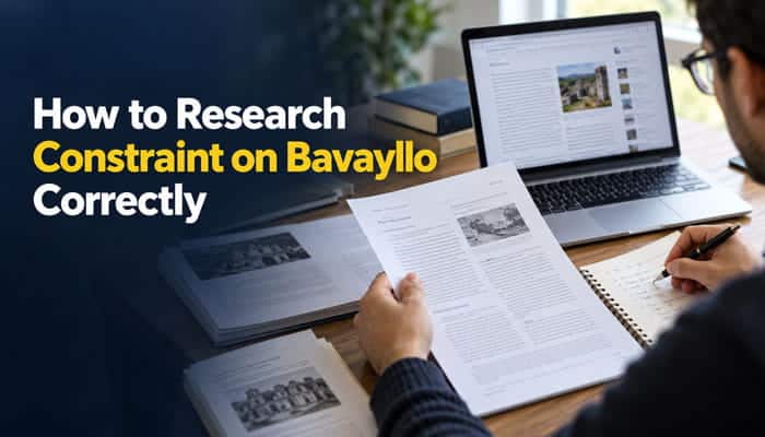 How to Research Constraint on Bavayllo Correctly - Startupeditor | Startup Editor Person researching Constraint on Bavayllo with a laptop, printed articles, and handwritten notes.