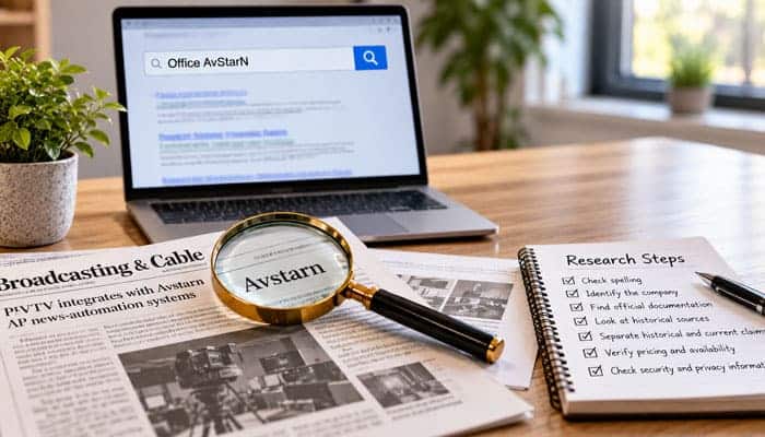 How to Research Office AvStarN More Reliably - Startupeditor | Startup Editor Office AvStarN research scene with laptop search results, a magnifying glass, printed material, and a checklist.