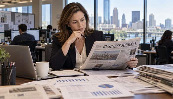 Is American City Business Journals Reliable - Startupeditor | Startup Editor Woman reviewing a business newspaper and reports, illustrating American City Business Journals reliability research.