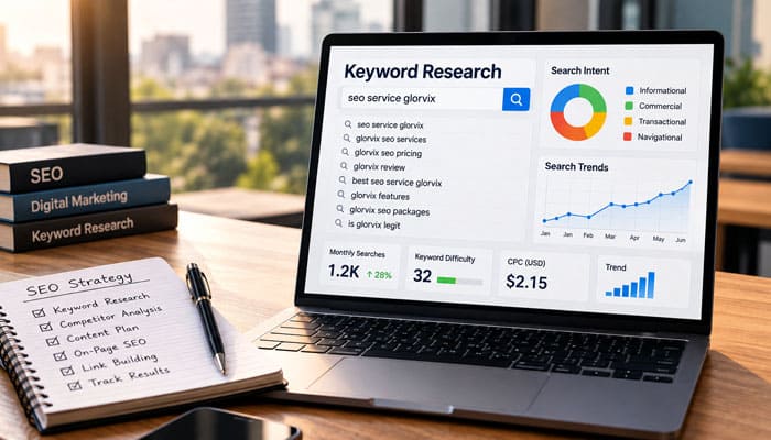 Keyword Research and Search Intent - Startupeditor | Startup Editor Laptop showing SEO Service Glorvix keyword suggestions and search intent charts beside an SEO checklist.