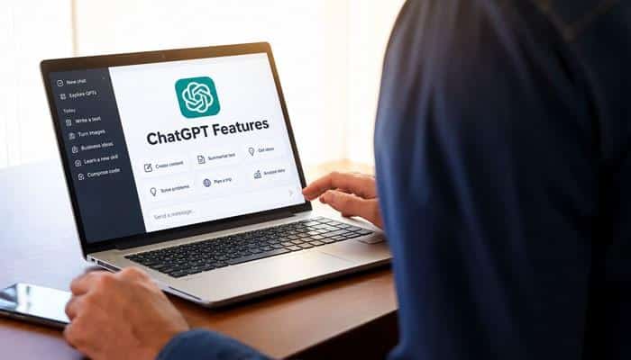 ChatGPT Features - Startup Editor | Startup Editor Chat GPT AI features displayed on a laptop, highlighting AI tools for writing, summarizing, brainstorming, learning, and problem-solving.
