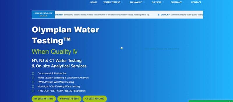 Olympian Water Testing - Startupeditor | Startup Editor Hero banner for Olympian Water Testing with blue gradient, showing site navigation and the headline 'Olympian Water Testing' and the subheading 'When Quality V', plus a bulleted list of services and contact phone numbers at the bottom.