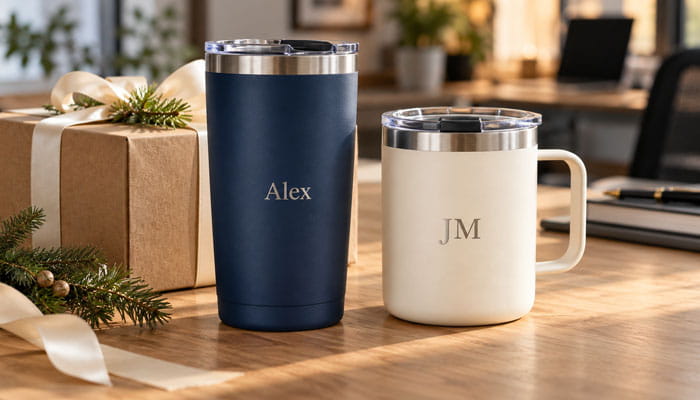 Personalized Tumbler or Travel Mug - Startupeditor | Startup Editor Personalized navy tumbler and cream travel mug beside a wrapped box as Christmas gifts for employees.