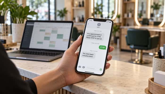 Texting clients is a regulated channel - Startupeditor | Startup Editor Person holds an iPhone displaying an appointment reminder in a shared workspace, with a laptop open to a calendar on the desk.