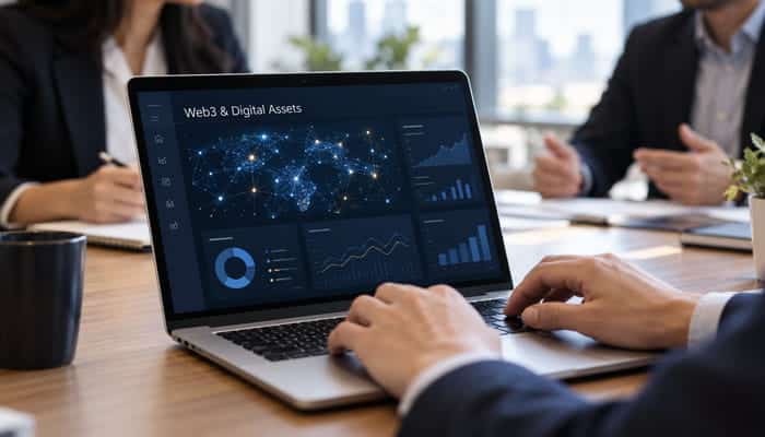 Web3 or digital assets - Startupeditor | Startup Editor Hands typing on a laptop displaying a Web3 & Digital Assets dashboard with charts.