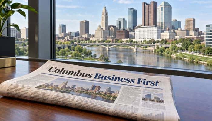 What Is Columbus Business First - Startupeditor | Startup Editor Newspaper mockup labeled Columbus Business First on a desk overlooking the downtown Columbus skyline.