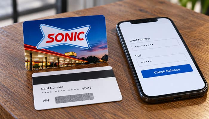 What You Need to Check Your Sonic Gift Card Balance - Startupeditor | Startup Editor Sonic gift card balance form on a phone beside gift cards showing a masked card number and covered PIN.