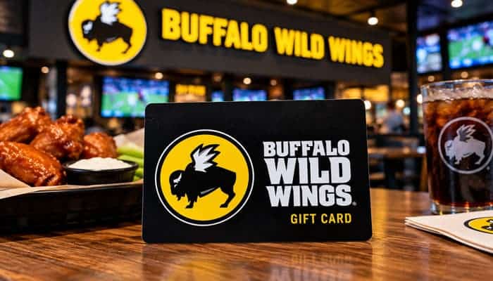 Where Can You Buy a Buffalo Wild Wings Giftcard - Startupeditor | Startup Editor Black Buffalo Wild Wings Giftcard on a wooden table with chicken wings, a drink and restaurant signage behind it.