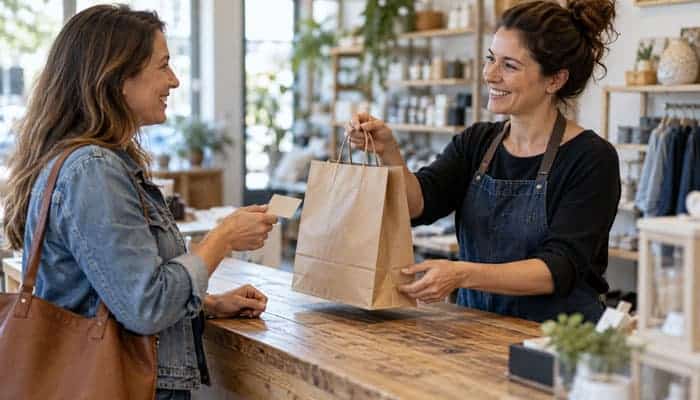 Why Is Building Brand Loyalty Important - Startupeditor | Startup Editor Shop owner handing a shopping bag to a smiling customer, illustrating building brand loyalty through personal service.