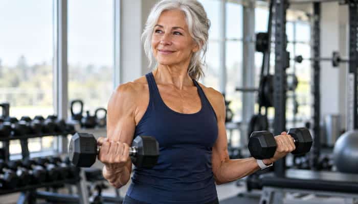 Why Is Muscle Now Considered a Longevity Organ - Startupeditor | Startup Editor Older woman lifting dumbbells in a gym, performing bicep curls with a focused smile.