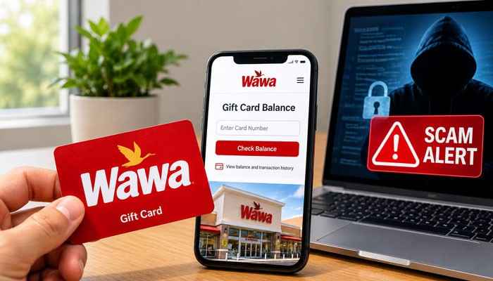 Wawa Gift Card Balance Check Safety and Scams - Startup Editor | Startup Editor Wawa Gift Card Balance Check safety concept showing a gift card, mobile balance screen, and scam warning to emphasize protecting card details.
