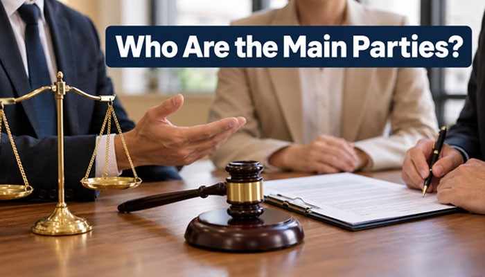 Who Are the Main Parties? - Startup Editor | Startup Editor Trulife Distribution Lawsuit illustration showing business representatives discussing legal documents with a gavel and scales of justice.