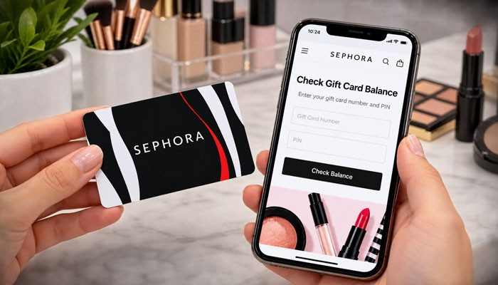 How to Check a Sephora Gift Card Balance - Startup Editor | Startup Editor Where Can I Buy a Sephora Gift Card? Hands holding a Sephora gift card beside a smartphone displaying the online gift card balance checker.
