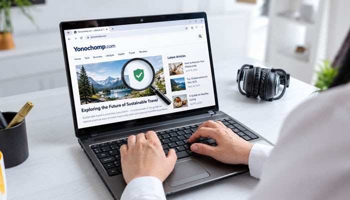 How to Verify a Yonochomp Com Article - Startup Editor | Startup Editor Yonochomp Com website open on a laptop with a security shield graphic, representing the process of checking its content, credibility, and online safety.
