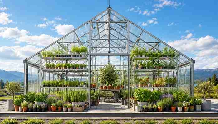How to Choose the Best Greenhouse Design and Size - Startup Editor | Startup Editor Greenhouse Building with a modern glass structure, metal framework, ventilation panels, and organized shelves filled with plants and herbs.