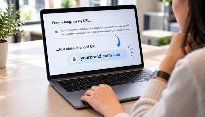 How to Create a Vanity URL on Different Platforms - Startup Editor | Startup Editor What Is a Vanity URL? Laptop illustration comparing a long website link with a clean, branded URL, yourbrand.com/sale.