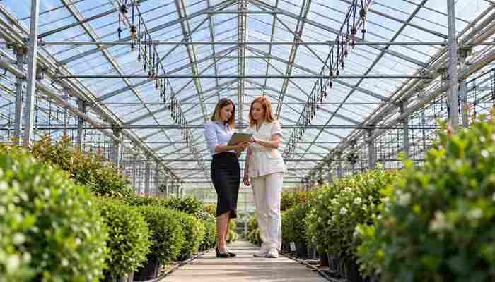 Greenhouse Building Permits and Safety Requirements - Startup Editor | Startup Editor Greenhouse Building inspection with two professionals reviewing a tablet inside a large glass greenhouse surrounded by plants and irrigation lines.