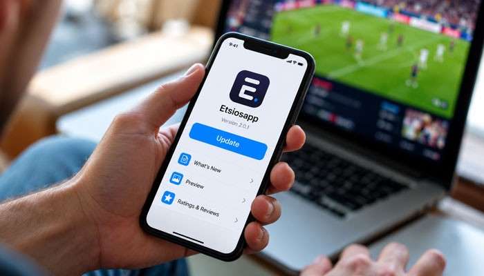 Is There an Official Etsiosapp Update Available? - Startup Editor | Startup Editor Etsiosapp Update by EtrueSports illustration showing a smartphone update screen with version details and a sports match on a laptop.