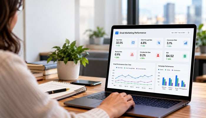 Email Marketing Metrics to Track - Startup Editor | Startup Editor Email Marketing Campaigns analytics dashboard displaying open rates, click-through rates, conversions, ROI, and performance charts on a laptop.