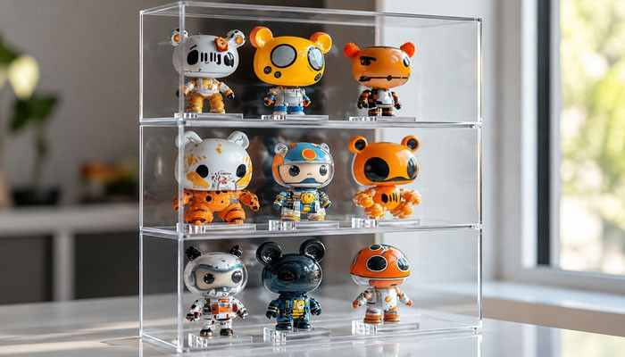 How to Measure Before Buying - Startup Editor | Startup Editor Display Case for Funko Pops with a transparent multi-level acrylic design showcasing nine collectible vinyl figures in organized rows.