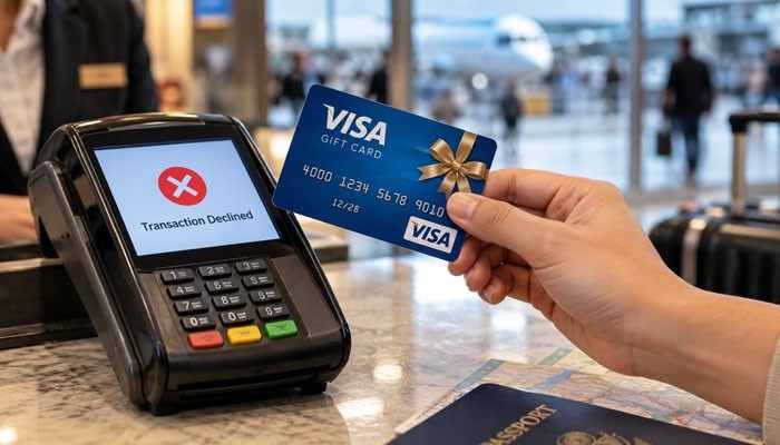 Why Was My Visa Gift Card Declined Abroad? - Startup Editor | Startup Editor Can Visa Gift Cards Be Used Internationally? Visa gift card held beside a declined payment terminal at an airport, highlighting possible overseas transaction restrictions.