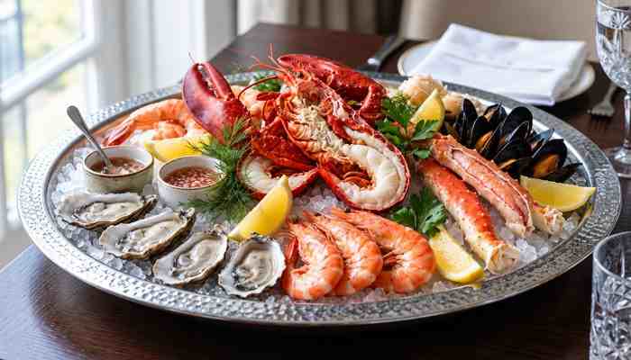 Where to Find Seafood in Dreamlight Valley - Startup Editor | Startup Editor Seafood Platter Dreamlight Valley inspiration with lobster, crab legs, shrimp, oysters, mussels, lemon wedges, and dipping sauces on ice.