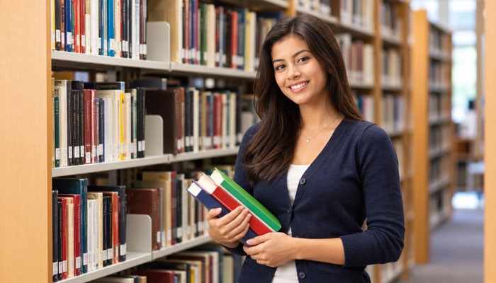 Can Students Get a Library Card? - Startup Editor | Startup Editor Local Library Card Application guide represented by a library visitor holding books between shelves, highlighting borrowing privileges and access to public library resources.