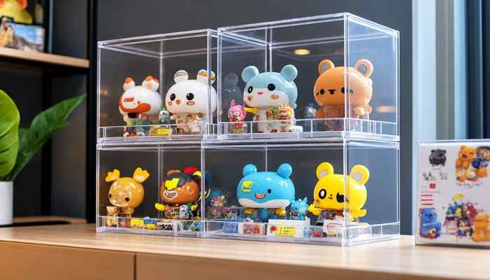 Features to Compare Before Purchase - Startup Editor | Startup Editor Display Case for Funko Pops featuring stacked transparent acrylic enclosures filled with colorful collectible figures on a wooden cabinet.