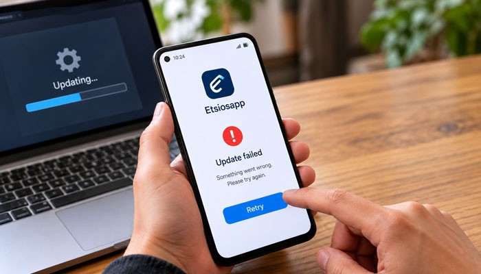 Etsiosapp Update Problems and Troubleshooting - Startup Editor | Startup Editor Etsiosapp Update by EtrueSports troubleshooting concept showing an update failed message, retry button, and laptop installation progress.
