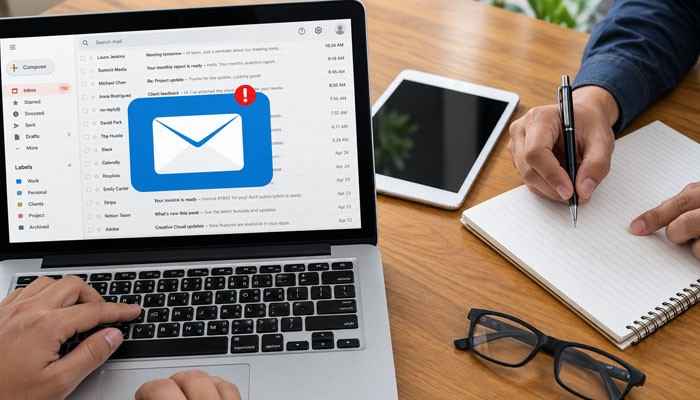 How to Create Email Marketing Campaigns Step by Step - Startup Editor | Startup Editor Email Marketing Campaigns planning workspace with a laptop displaying an email inbox while a marketer writes notes for campaign management.